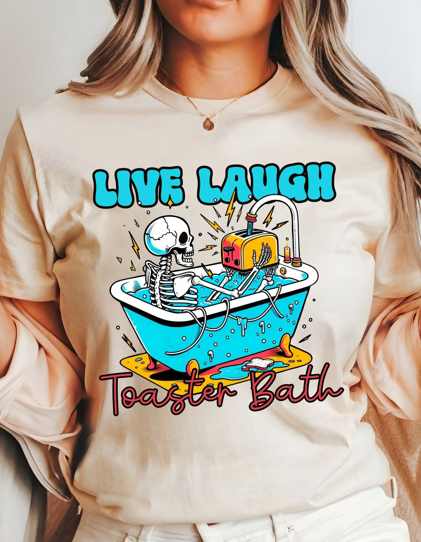 Toasty Vibes Cotton Tee: Live, Laugh, Toaster Bath Edition!