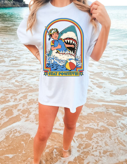 Stay Positive: Jaws Edition Cotton Tee ! Take a Bite out of Optimism