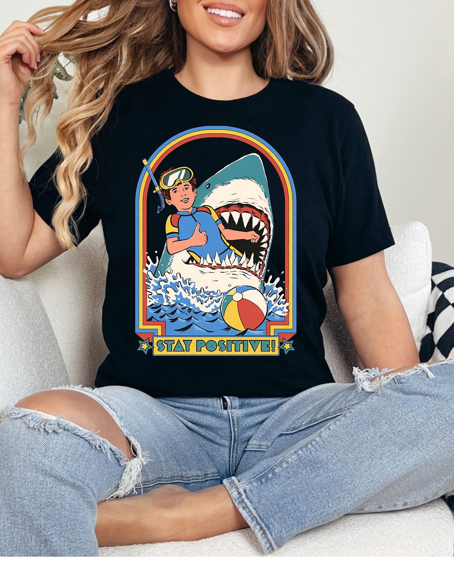 Stay Positive: Jaws Edition Cotton Tee ! Take a Bite out of Optimism