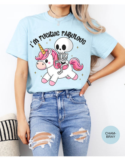 Fabulously Macabre: Skeleton on a Unicorn Cotton Tee