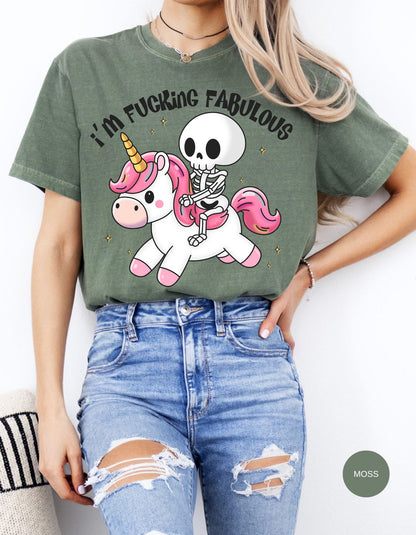 Fabulously Macabre: Skeleton on a Unicorn Cotton Tee