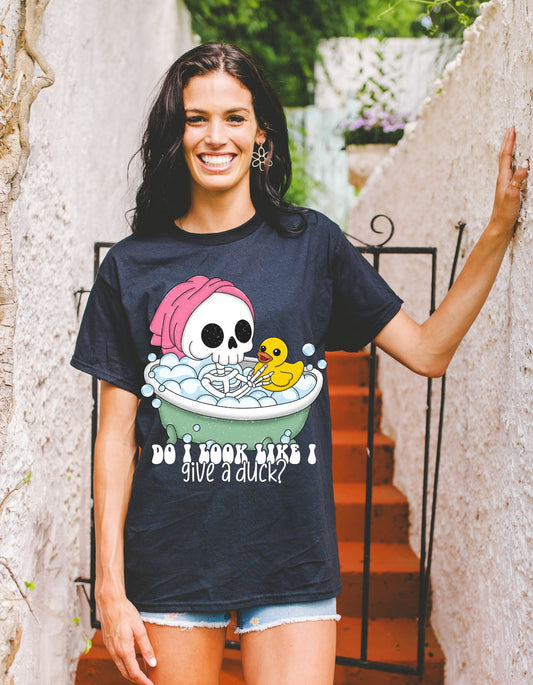 Sassy Skele-Quack Attitude Cotton Tee: Do I Look Like I Give a Duck?